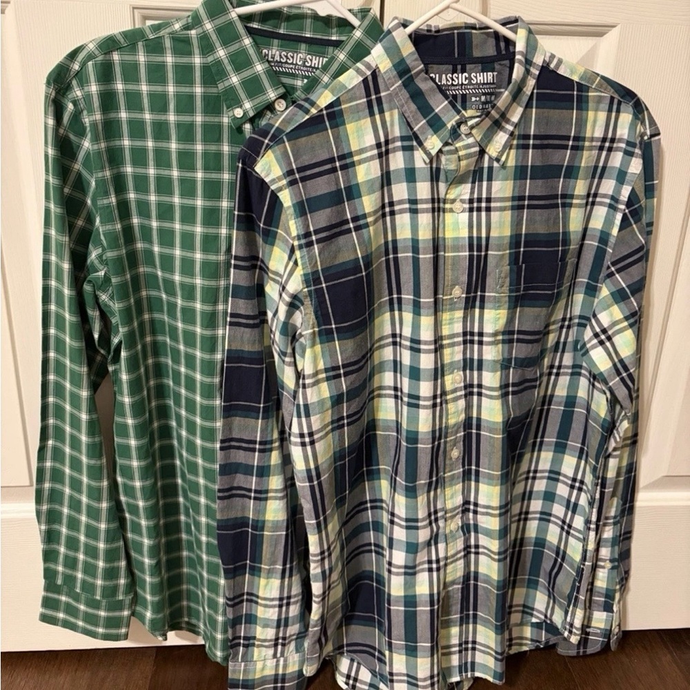 Lot of 2 Old Navy Classic Slim Men’s Medium Plaid Button-Down Shirts Green/Navy